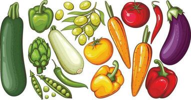 fresco legumes ilustração, legumes misturar do abobrinha, tomate, cebola, cenoura, alho, Alcachofra, verde ervilha, azeitonas e Sino Pimenta vetor