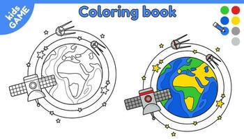 página do coloração livro para crianças. cor desenho animado planeta terra com sonda e satélites dentro espaço. Preto e branco esboço planeta do solar sistema dentro cosmos. pintura jogos para crianças. isolado vetor Projeto