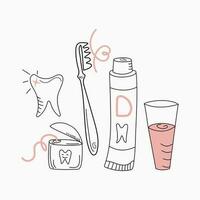 dentes limpeza e Cuidado definir. dente, escova de dente, pasta de dentes dentro rabisco estilo. contorno desenhos. Cuidado e higiene. odontologia. vetor gráficos, branco isolado fundo.