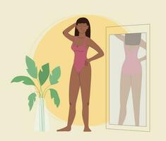 feliz afro mulher vestido dentro roupa de banho vetor ilustração