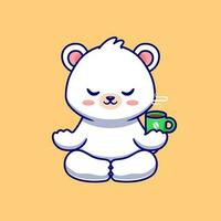 fofa bebê polar Urso meditação com café copo desenho animado vetor ícone ilustração. animal beber ícone conceito isolado Prêmio vetor. plano desenho animado estilo