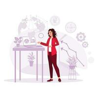 jovem mulher trabalhando em a computador portátil com futurista rede e planeta holograma. tendência moderno vetor plano ilustração.