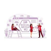 social rede tecnologia inovação conceito social meios de comunicação. pessoas usando smartphones e social meios de comunicação. corporativo promoções dentro social redes. tendência moderno vetor plano ilustração