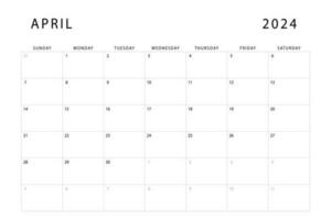 abril 2024 calendário. por mês planejador modelo. domingo começar. vetor Projeto