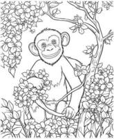 chimpanzé com flores coloração página vetor