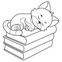 fofa gato desenho animado dormindo em pilha do livros em linha arte vetor