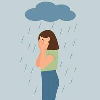 depressivo mulher em pé dentro a chuva e cloud.lonely triste jovem menina chora cobertura dela face com dela mãos. tristeza e pesar. a conceito do mental transtorno, tristeza e depressão. vetor