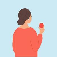 senhora vestindo dentro vermelho suéter. costas visualizar. beleza mulher com uma copo de vinho olhando para dentro a distância .vetor ilustração vetor