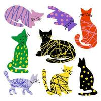 conjunto com multicolorido texturizado gatos silhueta ilustração isolado em branco cor fundo vetor