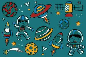 vetor conjunto do espaço elementos desenho animado com pequeno astronauta dentro mão desenhado estilos