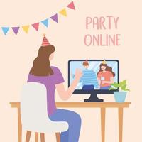 festa online, garota conectada com amigos comemorando pela internet vetor