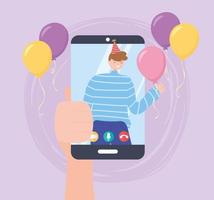 festa online, mão segurando smartphone com homem comemorando vetor