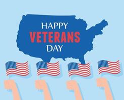 feliz dia dos veteranos, mãos com bandeiras americanas e mapa, soldado das forças armadas militares dos EUA vetor