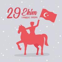 29 ekim cumhuriyet bayrami kutlu olsun, dia da república da Turquia, soldado cavalgando com bandeira vetor