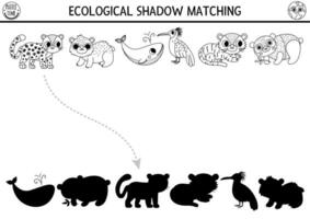 ecológico z Preto e branco sombra Coincidindo atividade com ameaçadas de extinção espécies. terra dia quebra-cabeça. encontrar corrigir silhueta imprimível planilha ou jogo. eco consciência coloração página para crianças vetor