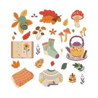 castanha, cogumelo, livro, meia, folhas, chá, xadrez, suéter. Olá outono. outono estação elemento, ícone. vetor