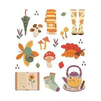guarda-chuva, lenço, cogumelo, livro, meia, folhas, chá. Olá outono. outono estação elemento, ícone. vetor