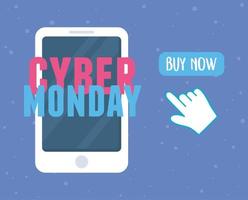 cyber segunda-feira, smartphone clicando no botão comprar agora vetor