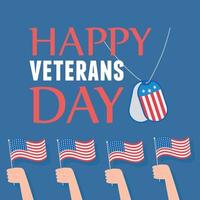 feliz dia dos veteranos, mãos com o símbolo nacional das bandeiras americanas, soldado das forças armadas militares dos EUA vetor