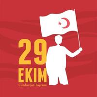 29 ekim cumhuriyet bayrami kutlu olsun, dia da república da Turquia, homem segurando o cartão da bandeira vetor