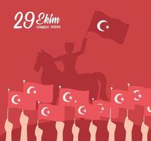 29 ekim cumhuriyet bayrami kutlu olsun, dia da república da Turquia, militar a cavalo e mãos com bandeiras vermelhas vetor