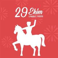 29 ekim cumhuriyet bayrami kutlu olsun, dia da república da Turquia, militar cavalgando sobre fundo vermelho vetor