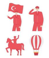 29 ekim cumhuriyet bayrami kutlu olsun, dia da república da Turquia, ícones de balão de ar de cavalo de soldados vetor