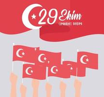 29 ekim cumhuriyet bayrami kutlu olsun, dia da república da Turquia, agitando a bandeira vermelha e comemorando as mãos com bandeiras vetor