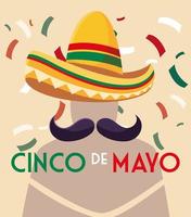 chapéu mexicano e bigode com etiqueta cinco de mayo vetor