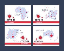 infográficos com continentes do planeta Terra afetados por coronavírus vetor