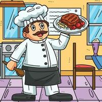 trabalho dia chefe de cozinha com servindo prato colori desenho animado vetor