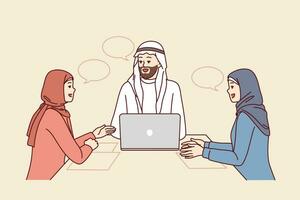 corporativo o negócio encontro com pessoas dentro árabe roupas e hijabs sentado às escritório mesa com computador portátil. encontro companhia empregados com parceiros para debate e discussão do marketing estratégia vetor