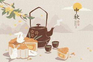 delicioso mooncake e quente chá ilustração para meio outono festival, feriado nome escrito dentro chinês palavras vetor