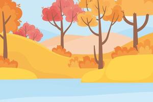 paisagem em cena de outono, árvores da floresta, grama e lago vetor