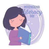 dia internacional da alfabetização, livro de leitura da garota do conhecimento nas mãos vetor