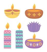 feliz festival de diwali, velas coloridas queimando chama decoração evento design vetorial vetor