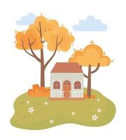paisagem na cena da natureza do outono, arbustos de flores de árvores de campo de casa de campo vetor