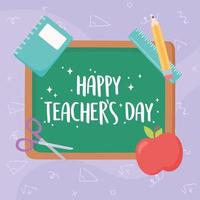feliz dia dos professores, quadro-negro letras livro maçã régua e lápis vetor