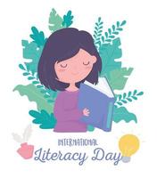 dia internacional da alfabetização, livro de leitura de linda garota, natureza de folhagem de folhas vetor