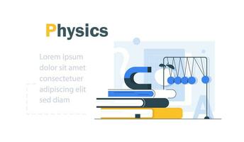 ilustração em vetor física plana conceito. matéria escolar. metáfora das ciências naturais. aula prática. curso universitário. livros didáticos do aluno e itens de laboratório escolar objetos de desenho 2D