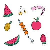 fofa e simples rabisco conjunto do verão frutas, bagas e de outros Comida. vetor clipart ilustração com melancia, maçã, morango, limão, camarão, cereja. colorida rabiscos com mão desenhado esboço