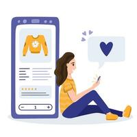 jovem mulher é sentado atrás grande telefone e compras on-line. escolhendo a vestuário dentro Móvel aplicativo, comprando dentro a Internet loja. conceito do conectados compras, comércio eletrônico. mão desenhado vetor ilustração.