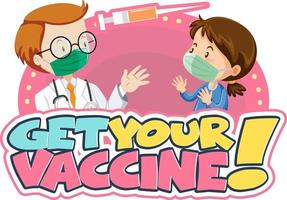 Obtenha seu banner de fonte de vacina com uma garota conhece um personagem de desenho animado médico vetor