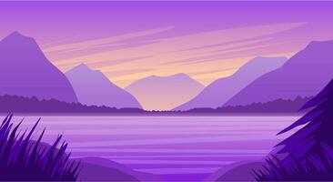 Visão do a lago e colinas roxa fundo ilustração vetor