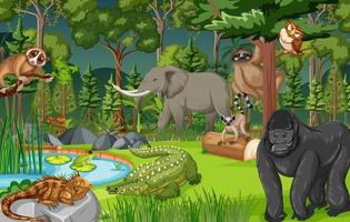 personagem de desenho animado de animal selvagem na cena da floresta vetor