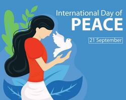 ilustração vetor gráfico do uma mulher lançamentos uma pomba, mostrando uma pano de fundo do folhas, perfeito para internacional dia, internacional dia do paz, comemoro, cumprimento cartão, etc.