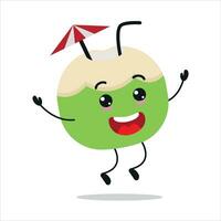 fofa feliz fatia coco personagem. engraçado saltar coco desenho animado emoticon dentro plano estilo. fruta emoji vetor ilustração