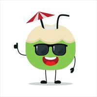 fofa feliz fatia coco personagem vestem oculos escuros. engraçado coco cumprimentar amigo desenho animado emoticon dentro plano estilo. fruta emoji vetor ilustração