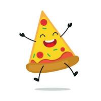 fofa feliz pizza personagem. engraçado celebração saltar torta desenho animado emoticon dentro plano estilo. Comida emoji vetor ilustração