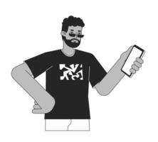 homem segurando mão em cintura plano linha Preto branco vetor personagem. editável esboço metade corpo pessoa. olhando em Smartphone tela simples desenho animado isolado local ilustração para rede gráfico Projeto